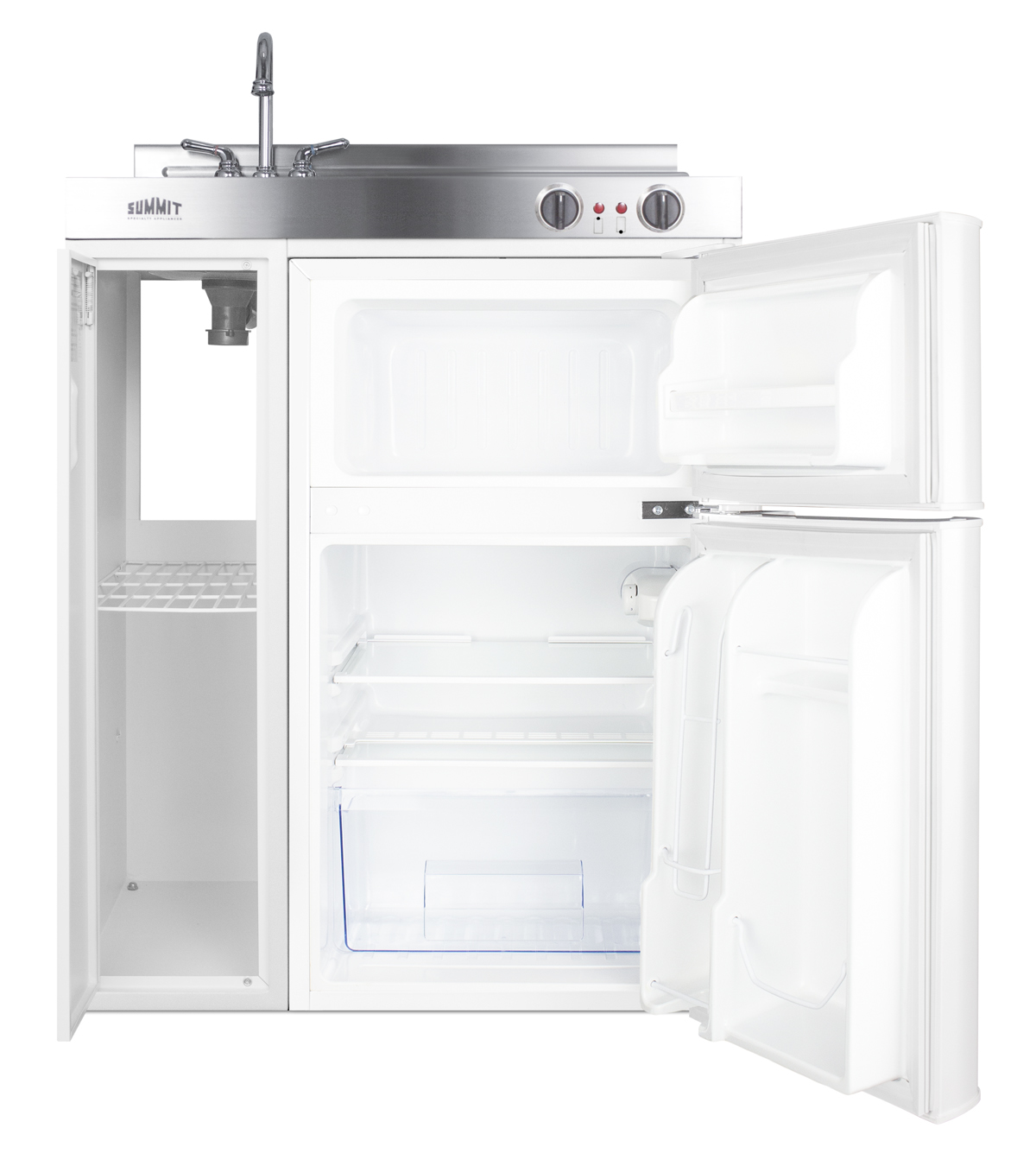 30 inch wide all-in-one kitchenette with 2-burner 115V coil cooktop, refrigerator-freezer, sink, and storage cabinet